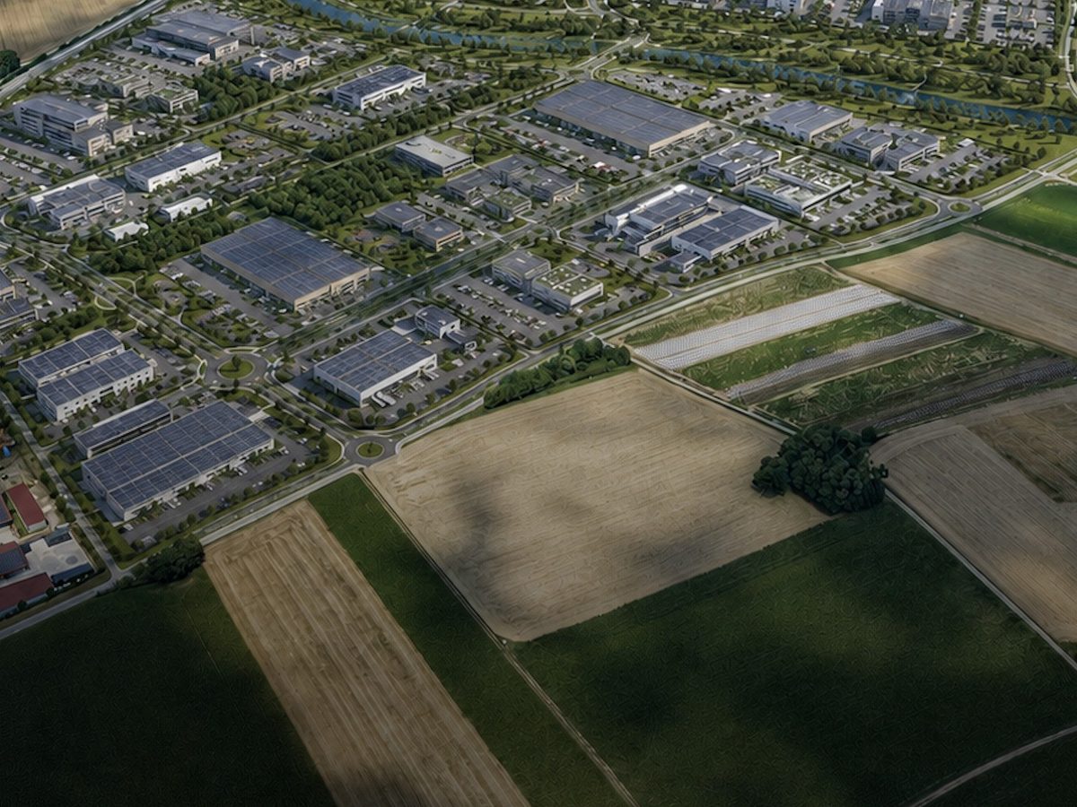 Visualisierung der geplanten Gewerbehallen mit angrenzenden Feldern